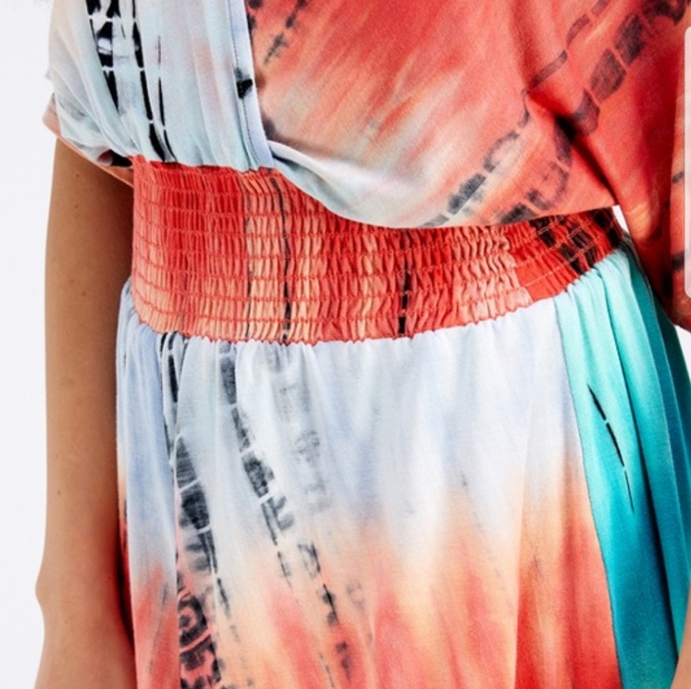 Surplice Smocked Waist Peach & Teal Tie Dye Romper - Picture 4 of 4